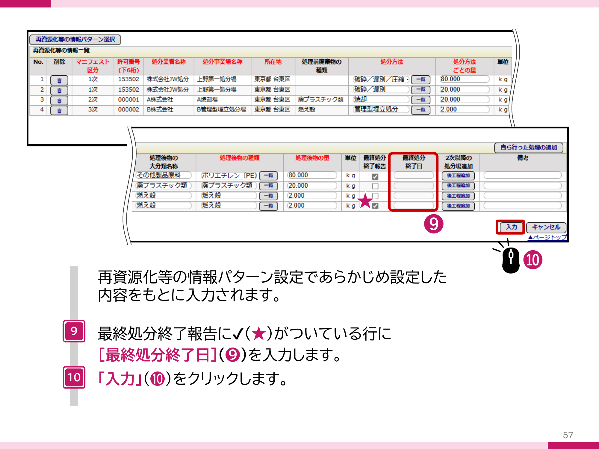 パターンから反映された処理ルートの一覧。最終処分終了報告の対象として印が付いた行に最終処分終了日を入力し、入力ボタンをクリックする手順